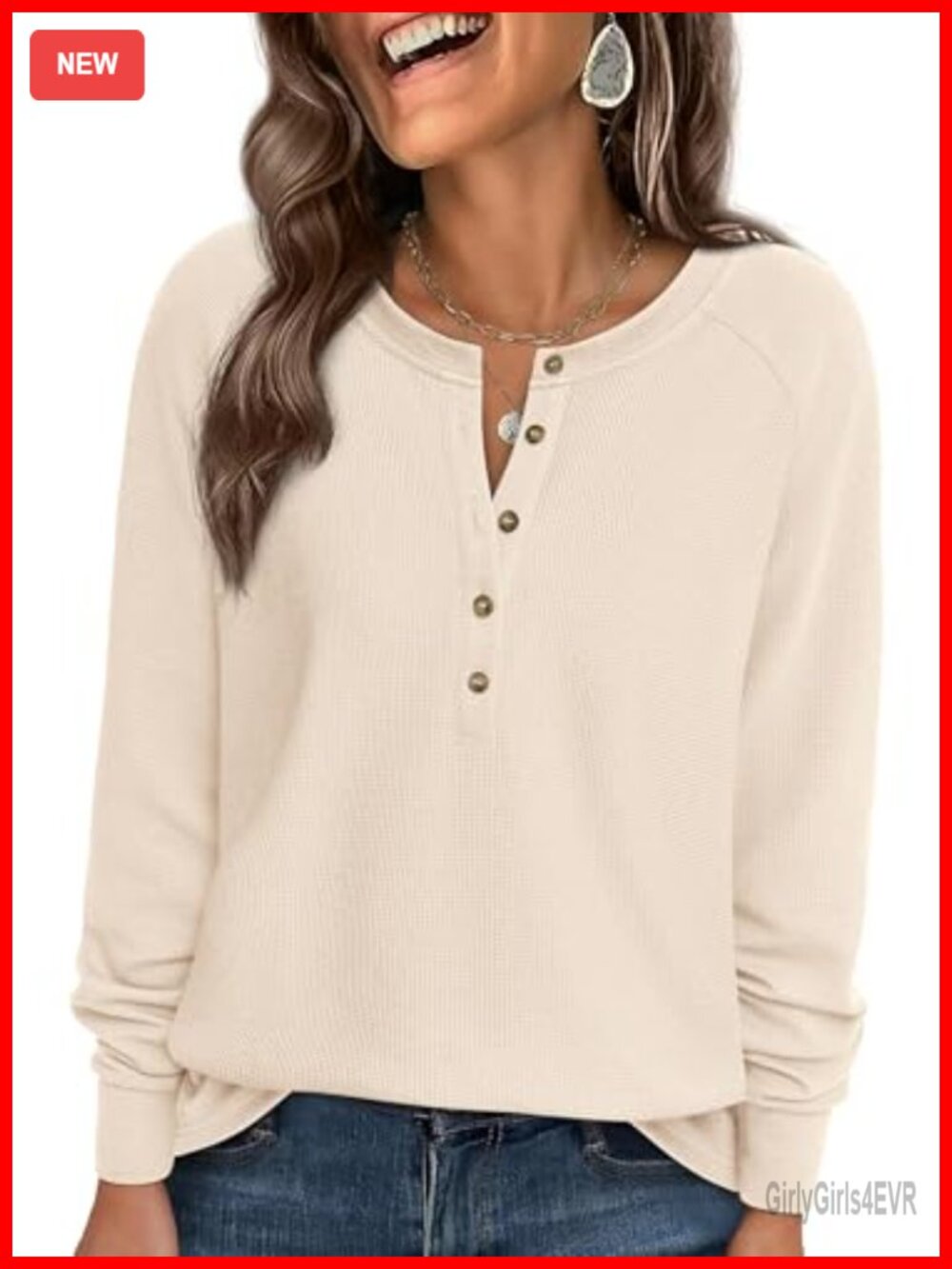 Waffle Knit Henley Tunic Top Long Sleeve Raglan Curved Hem